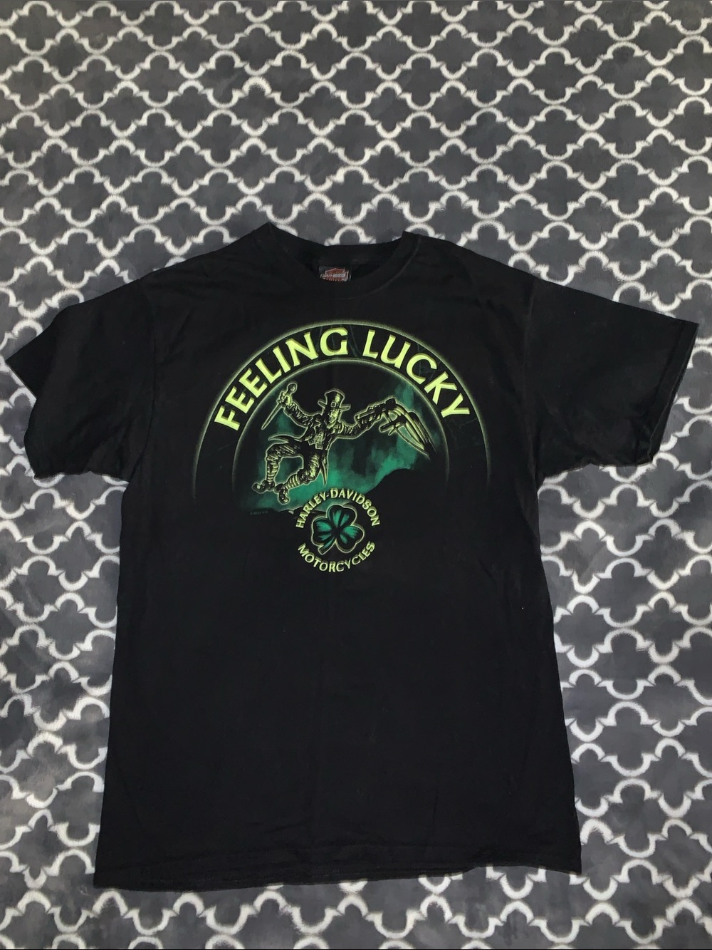 Harley-Davidson Black Short Sleeve Tee with Green 'Feeling Lucky' Graphic M